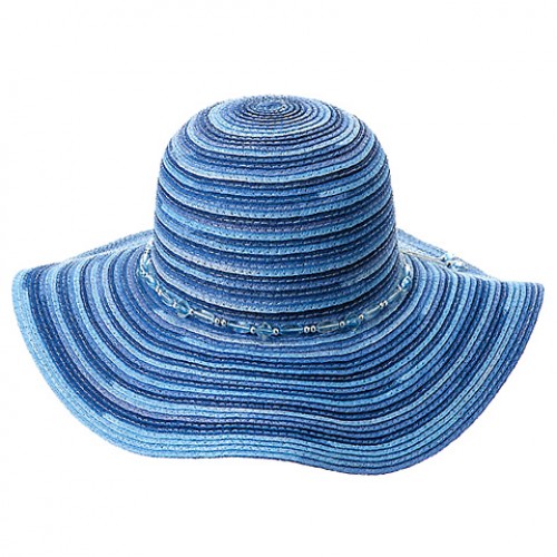 Wide Brim Mixed Stripes Toyo Straw w/ Beaded Band - Blue - HT-8181BL